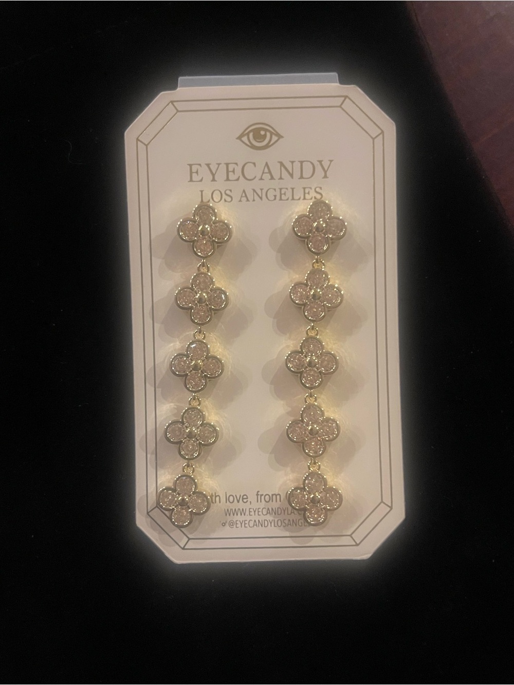 Gold Clover Drop Earrings with Crystals - Sparkly